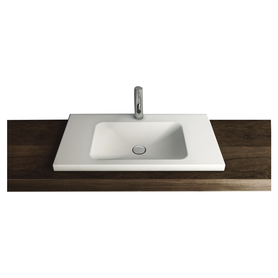 Lavabo à poser LOTUS
90 x 45 x 4 cm, acier
sans trop-plein, avec tablette
de robinetterie, lavabo au
milieu
