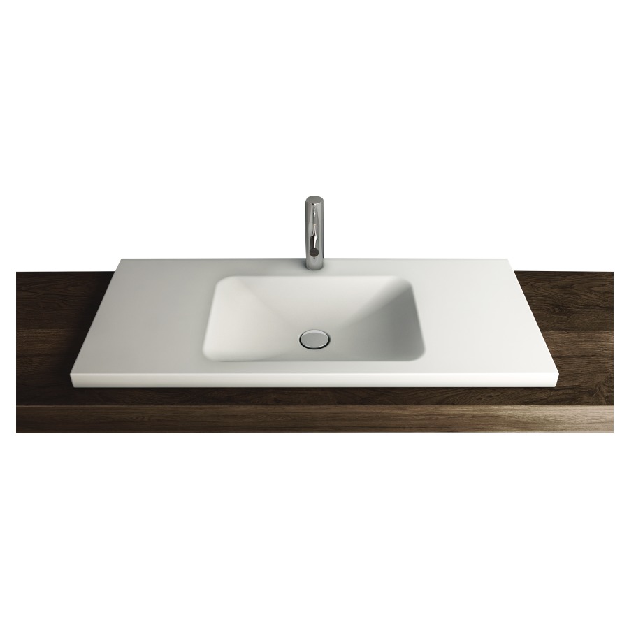 Lavabo à poser LOTUS
100 x 45 x 4 cm, acier
sans trop-plein, avec tablette
de robinetterie, lavabo au
milieu