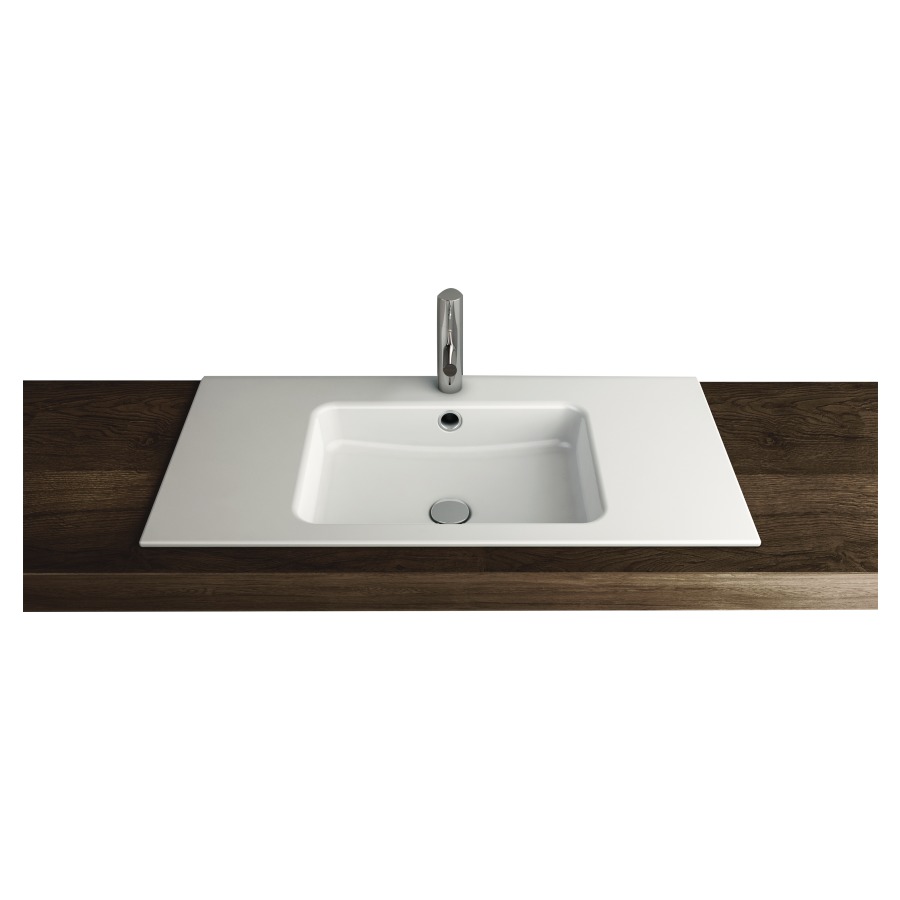 Lavabo à insérer MERO
100 x 45 x 1 cm, acier
avec trop-plein, avec tablette
de robinetterie, lavabo au
milieu
