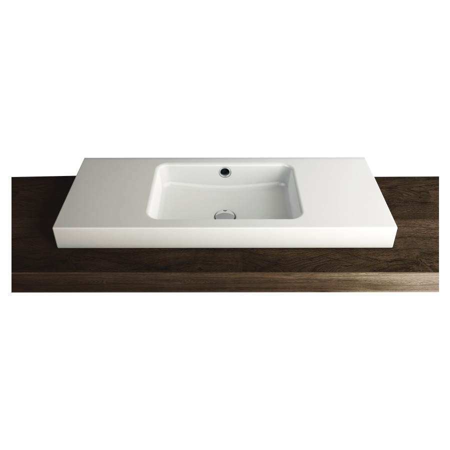 Lavabo à poser MERO
100 x 40 x 8 cm, acier
avec trop-plein, sans tablette
de robinetterie, lavabo au
milieu