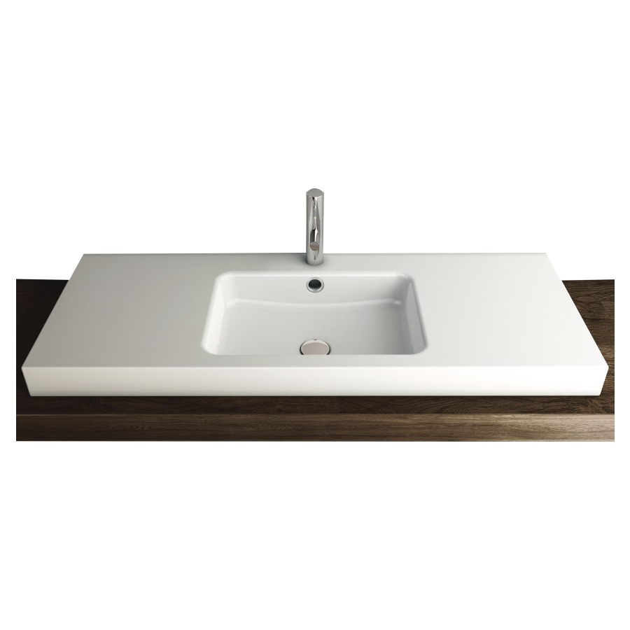 Lavabo à poser MERO
120 x 40 x 8 cm, acier
avec trop-plein, sans tablette
de robinetterie, lavabo au
milieu