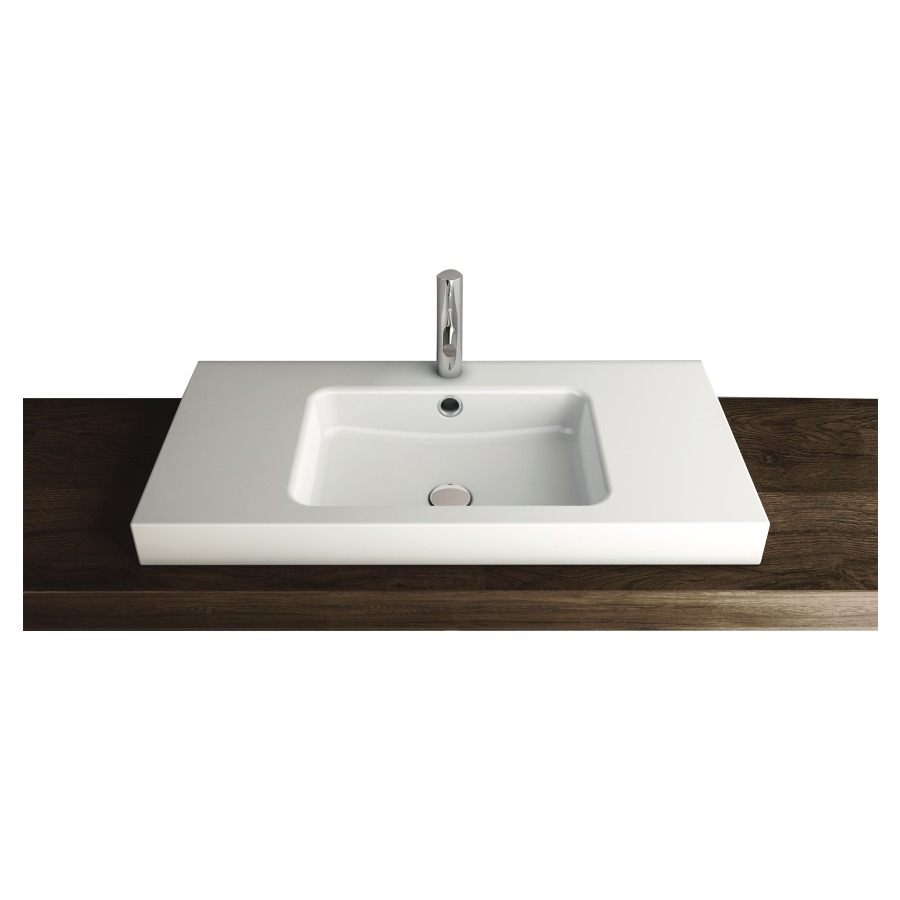Lavabo à poser MERO
80 x 45 x 8 cm, acier
avec trop-plein, avec tablette
de robinetterie, lavabo au
milieu