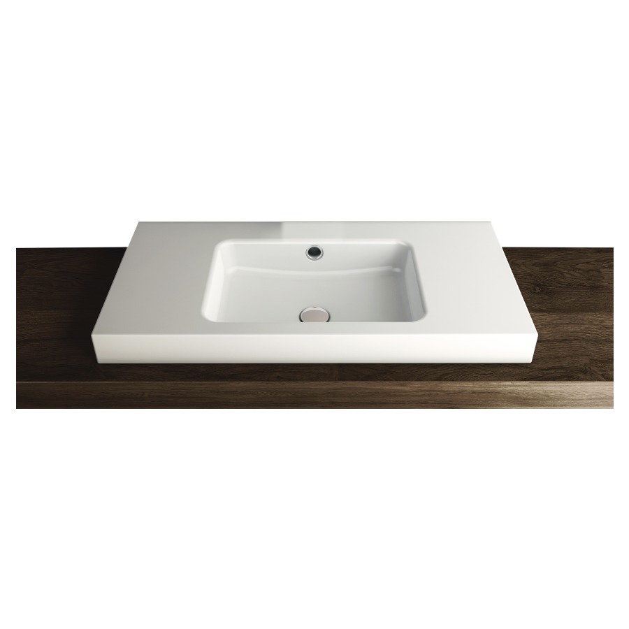 Lavabo à poser MERO
90 x 45 x 8 cm, acier
avec trop-plein, avec tablette
de robinetterie, lavabo au
milieu