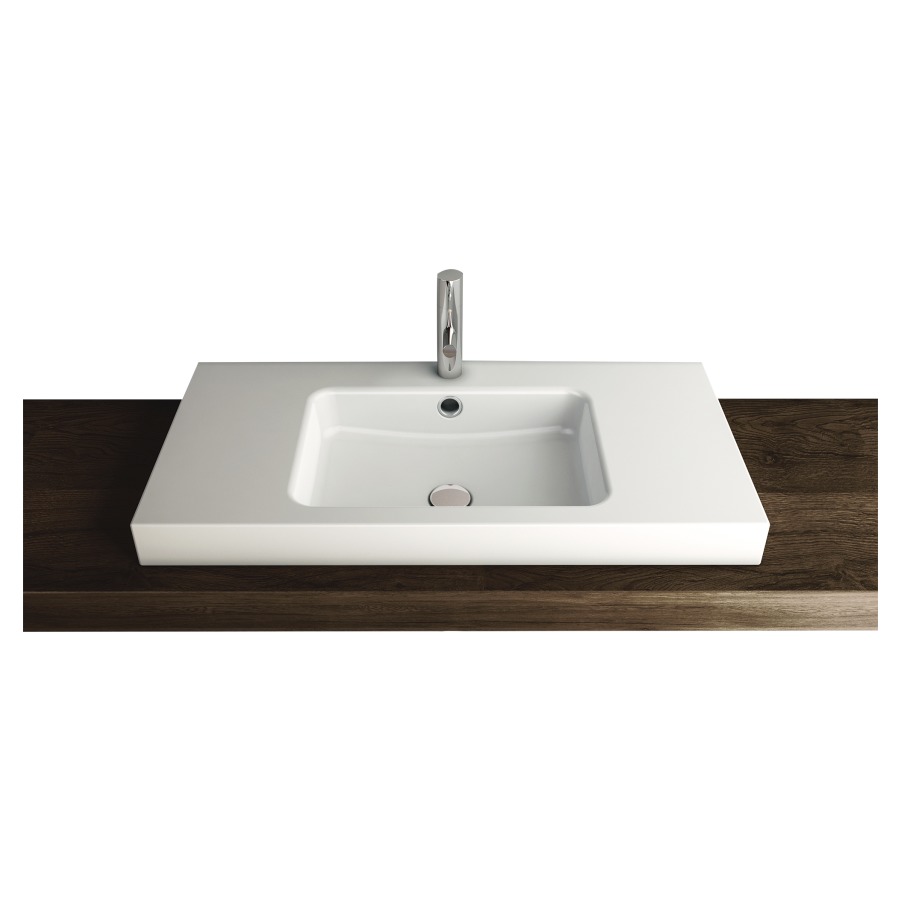 Lavabo à poser MERO
120 x 45 x 8 cm, acier
avec trop-plein, avec tablette
de robinetterie, lavabo au
milieu