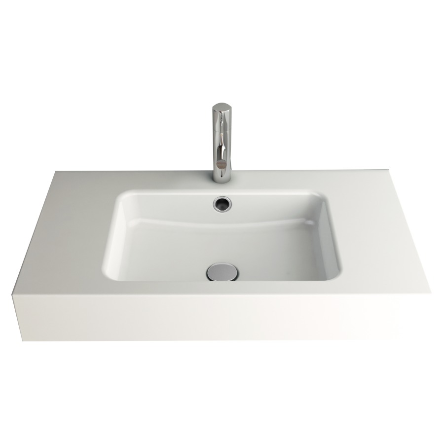Lavabo MERO
90 x 45 x 12,5 cm, acier
avec trop-plein, avec tablette
de robinetterie, lavabo au
milieu