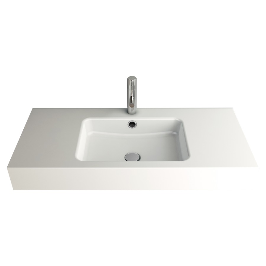 Lavabo MERO
120 x 45 x 12,5 cm, acier
avec trop-plein, avec tablette
de robinetterie, lavabo au
milieu