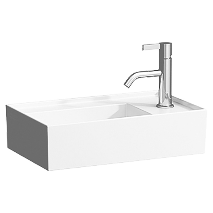 Lave-mains KARTELL LAUFEN
46 x 28 cm, SaphirCéramique
pour meuble suspendu, tablette
de robinetterie à droite
sans trop-plein, incl. soupape
d'ecoulement sans trop-plein
premonté