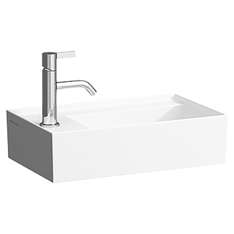Lave-mains KARTELL LAUFEN
46 x 28 cm, SaphirCéramique
pour meuble suspendu, tablette
de robinetterie à gauche
sans trop-plein, incl. soupape
d'ecoulement sans trop-plein
premonté