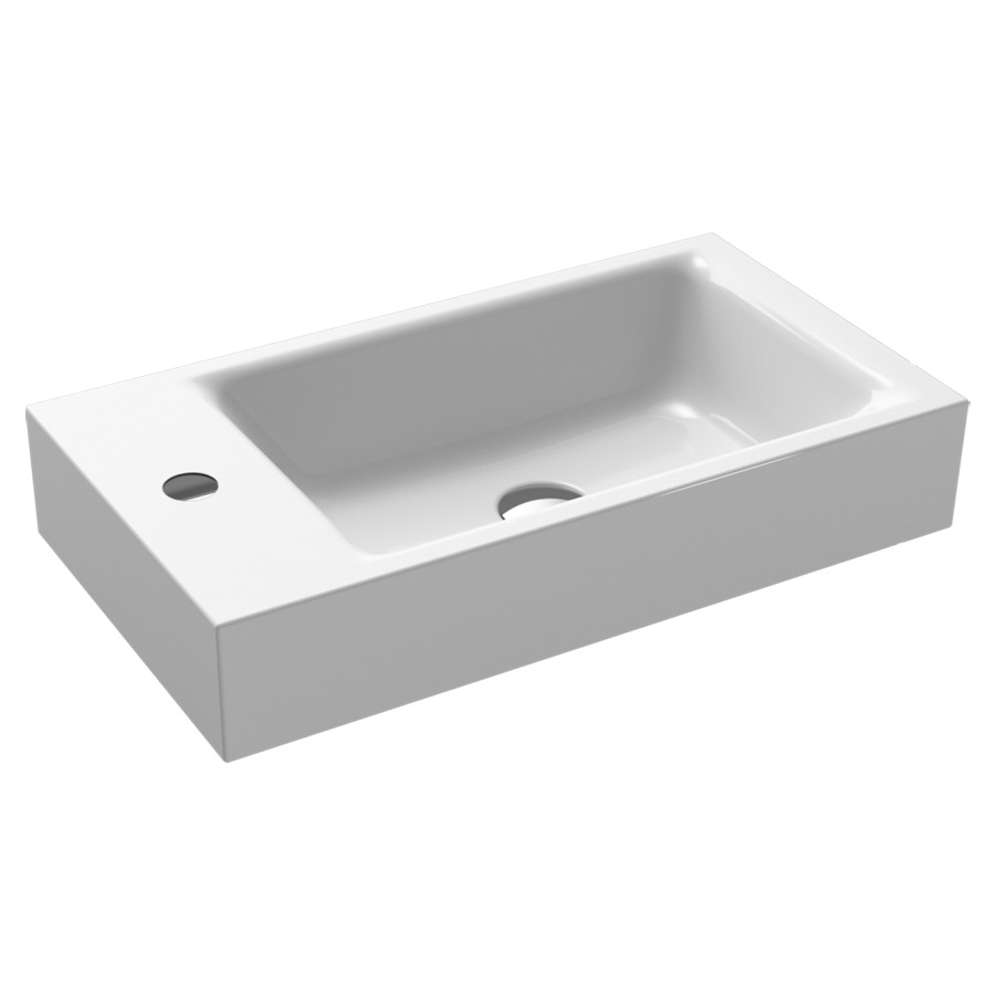 Lave-mains PURO
55 x 30 x 10 cm, acier
banquette de robinetterie
gauche, sans trop-plein
