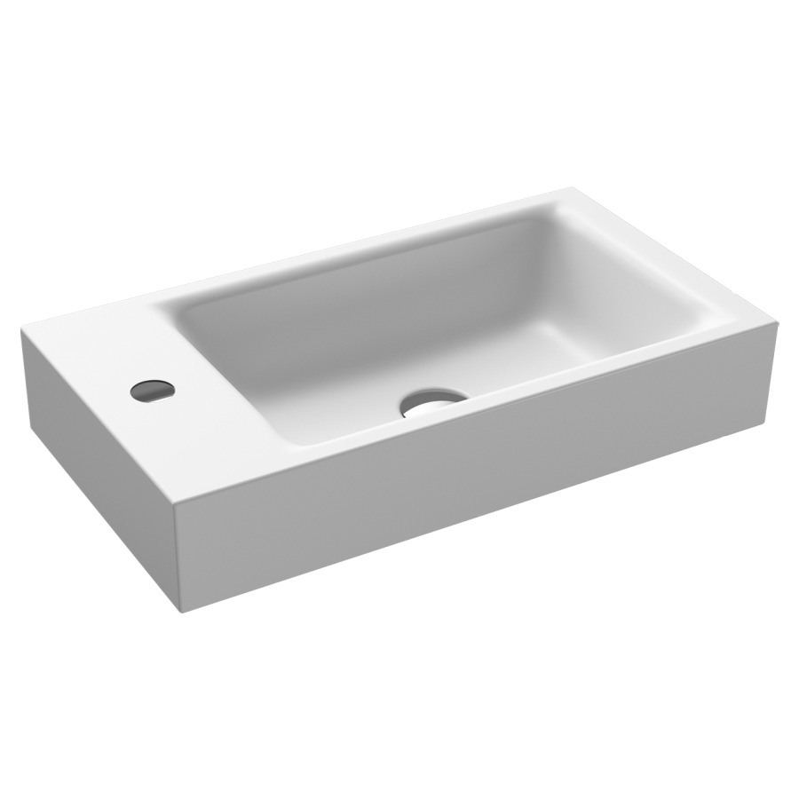 Lave-mains PURO
55 x 30 x 10 cm, acier
banquette de robinetterie
gauche, sans trop-plein