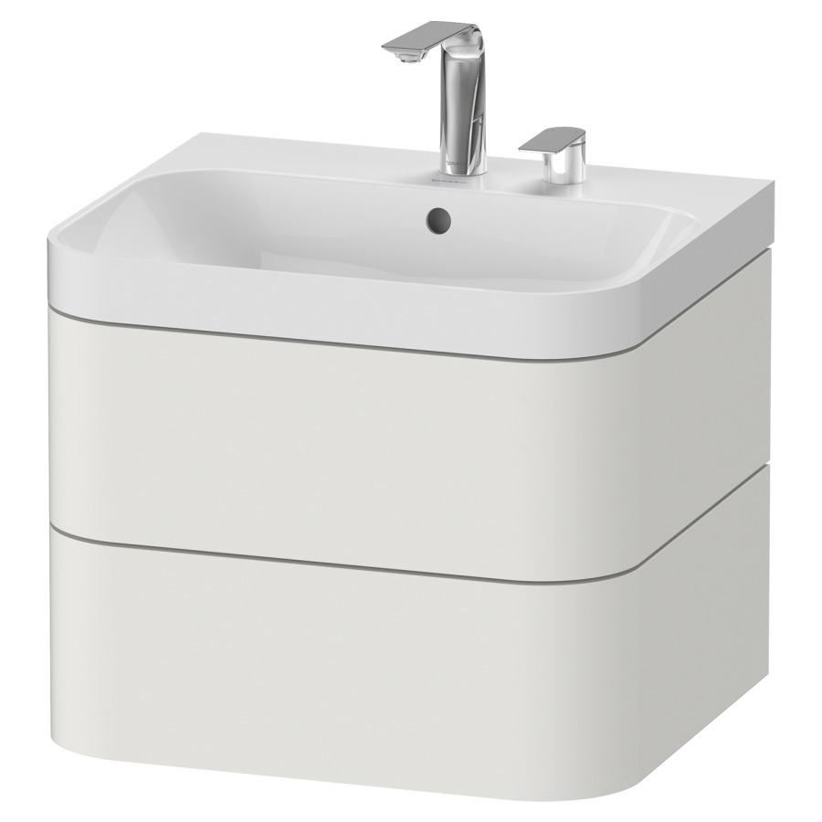 Combination de lavabo HAPPY
D.2 PLUS, 57,5 x 49 x 46,8 cm
élément à 2 tiroirs
lavabo blanc avec
trop-plein, siphon
soupape d'écoulement
Push open incl.