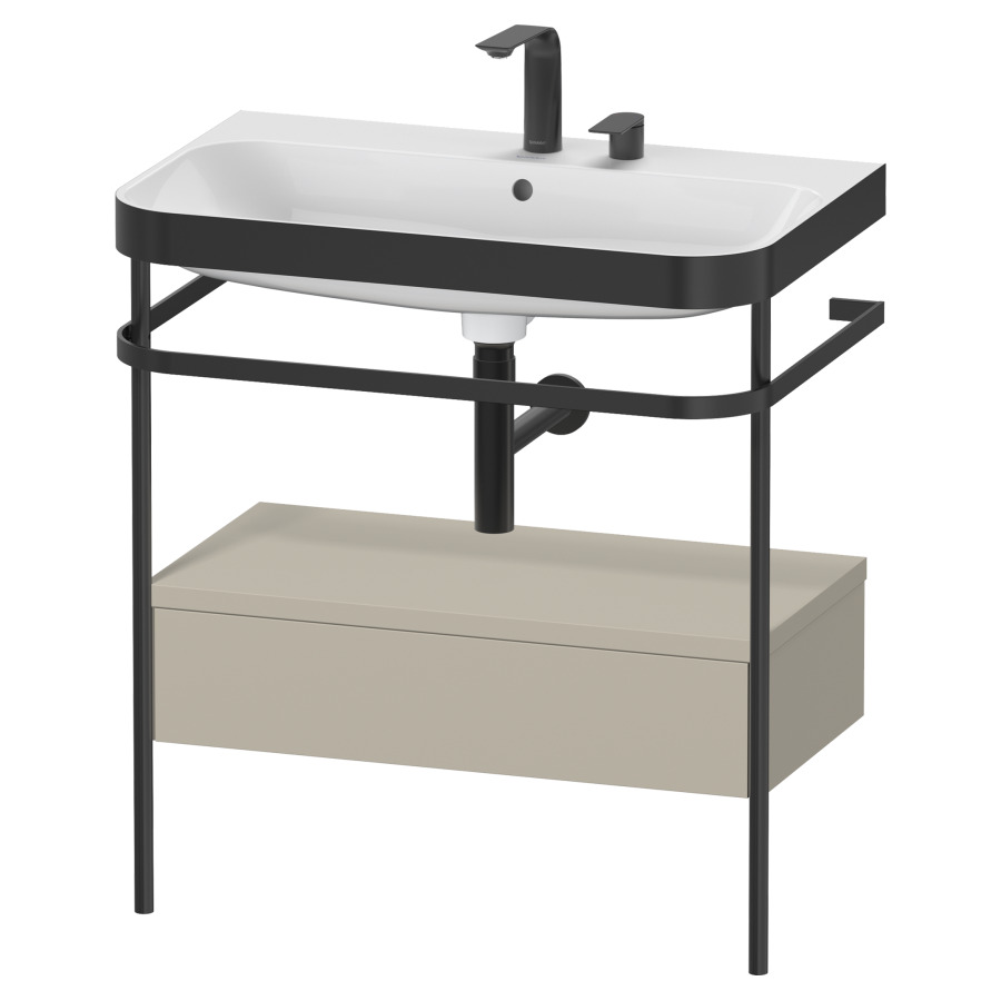 Combination de lavabo HAPPY
D.2 PLUS, 77,5 x 49 x 85 cm
élément à 1 tiroir, posé sur
le sol, profil noir mat
lavabo avec plaque
de recourvrement en couleur
de console, porte-serviette
soupape d'écoulement
Push Open incl.