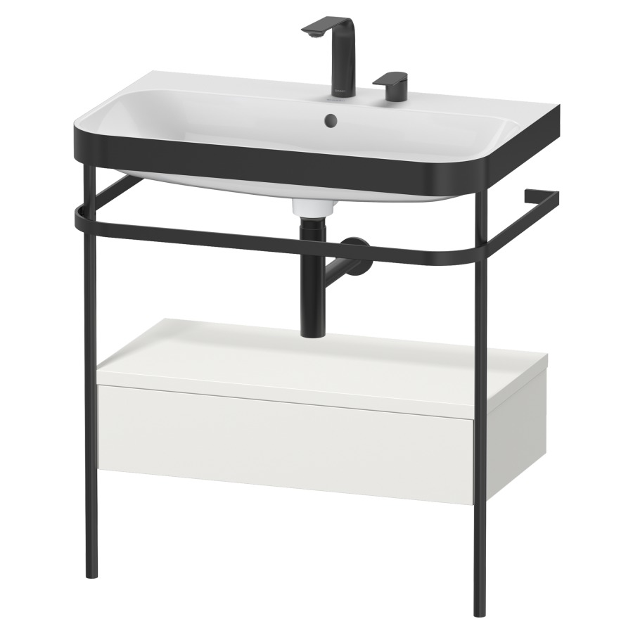 Combination de lavabo HAPPY
D.2 PLUS, 77,5 x 49 x 85 cm
élément à 1 tiroir, posé sur
le sol, profil noir mat
lavabo avec plaque
de recourvrement en couleur
de console, porte-serviette
soupape d'écoulement
Push Open incl.