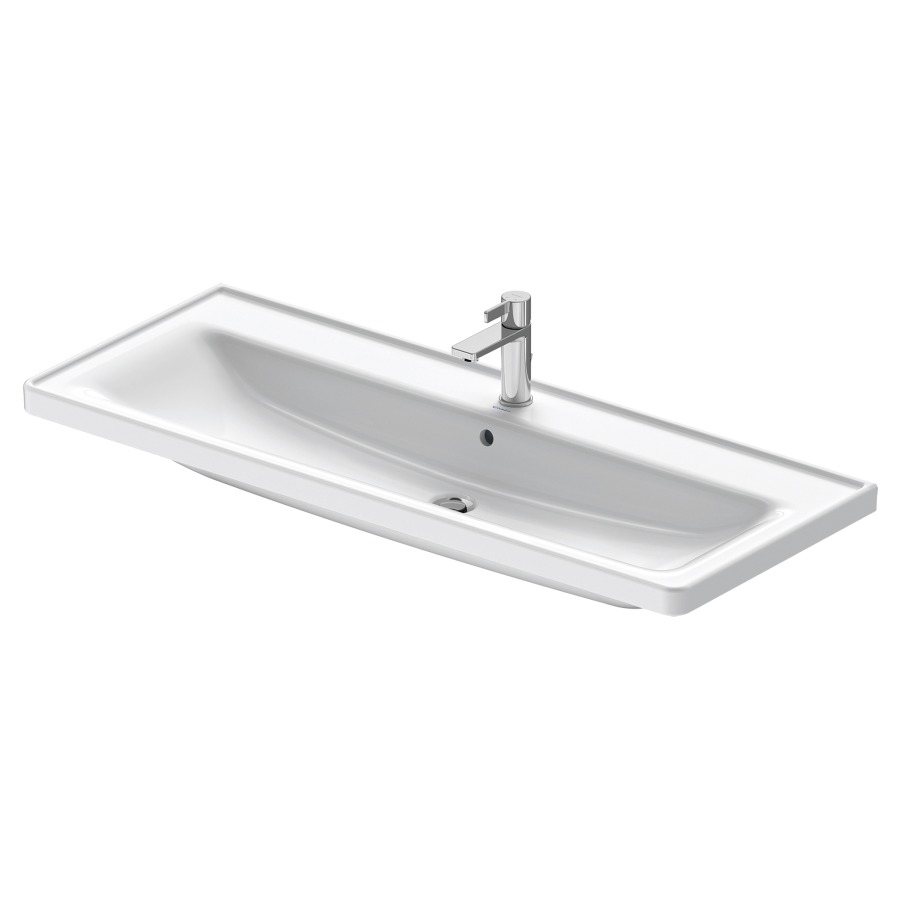 Lavabo D-NEO
120,5 x 48 cm, céramique
tablette de robinetterie
avec trop-plein
partie inférieure émaillée