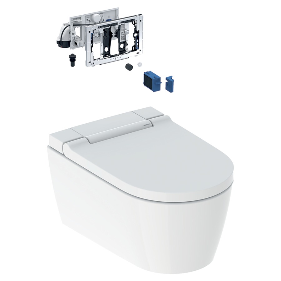 WCdouche AQUACLEAN SELA UP
DuoFresh
cuvette murale en céramique
blanc pour chasse d'eau à
encastrer, sans rebord de
rinçage, technologie de
rinçage Turbo-Flush, douchette
avec technologie WhirlSpray
douche à eau tempérée, buse
pour dames, siège de WC et
couvercle avec abaissement
automatique, couvercle de WC
avec SoftOpening, compatible
avec l'application Geberit
Home, télécommande, set
d'entrée d'eau pour réservoirs
à encastrer Sigma et Omega
matériel de fixation, sans
machettes 857 106
