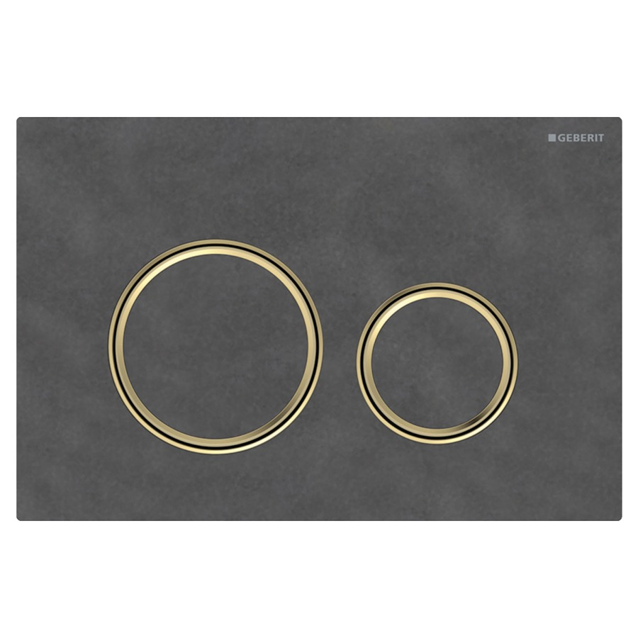 Plaque de déclenchement Sigma50 ronde
commande à deux quantités par
devant, pour chasse d'eau à
encastrer Sigma, plaque de
base et anneaux design laiton