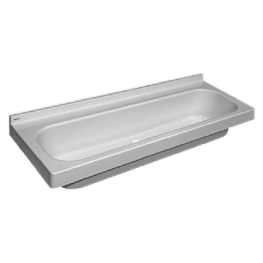 Lavabo rigole ROMEX
120 x 47 cm, matière
synthétique, rebord court
avec tablette de robinetterie
consoles attenantes
soupape à surverse 1 1/2"