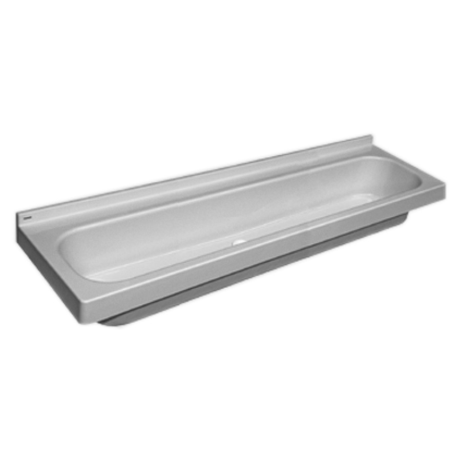 Lavabo rigole ROMEX
140 x 47 cm, matière
synthétique, rebord court
avec tablette de robinetterie
consoles attenantes
soupape à surverse 1 1/2"