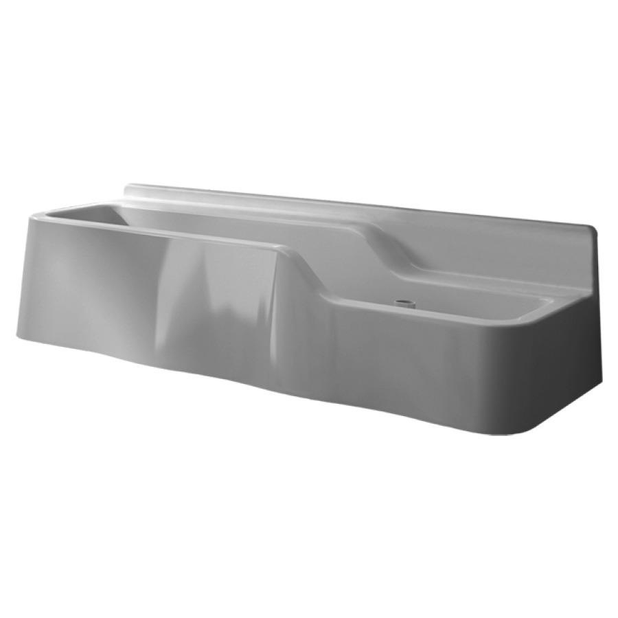 Lavabo rigole ROCASCA
140 x 46 cm, matière
synthétique, profond à droite
haute à gauche, soupape
d'écoulement 1 1/2", tubulure
de surverse, 2 consoles