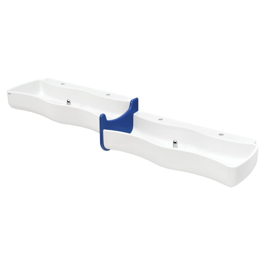 Lavabo rigole enfants WASHINO
SANW211, 210 x 47 x 34 cm
Miranit, sans trop-plein
2 places à gauche en haut
2 places à droite en bas
différance de niveau 10 cm
cloison intégrée bleu RAL 5002
4 trous pour robinetterie
2 soupapes à surverse 1 1/2"
matériel de fixation