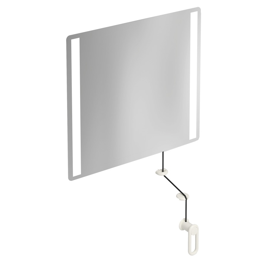 Miroir inclinable HEWI 477/801
60 x 54 x 0,6 cm
éclairage LED integré sur les
côtés à droite et à gauche
élément de maintien et
manivelle en polyamide, IP44