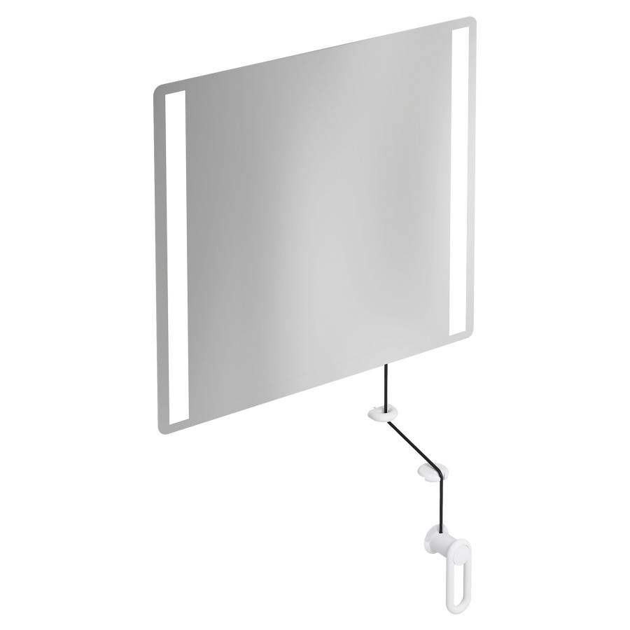 Miroir inclinable HEWI 477/801
60 x 54 x 0,6 cm
éclairage LED integré sur les
côtés à droite et à gauche
élément de maintien et
manivelle en polyamide, IP44