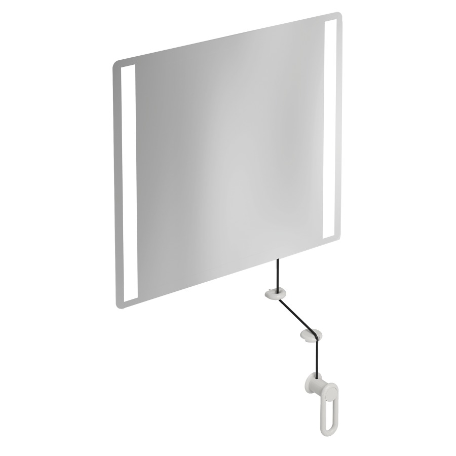 Miroir inclinable HEWI 477/801
60 x 54 x 0,6 cm
éclairage LED integré sur les
côtés à droite et à gauche
élément de maintien et
manivelle en polyamide, IP44