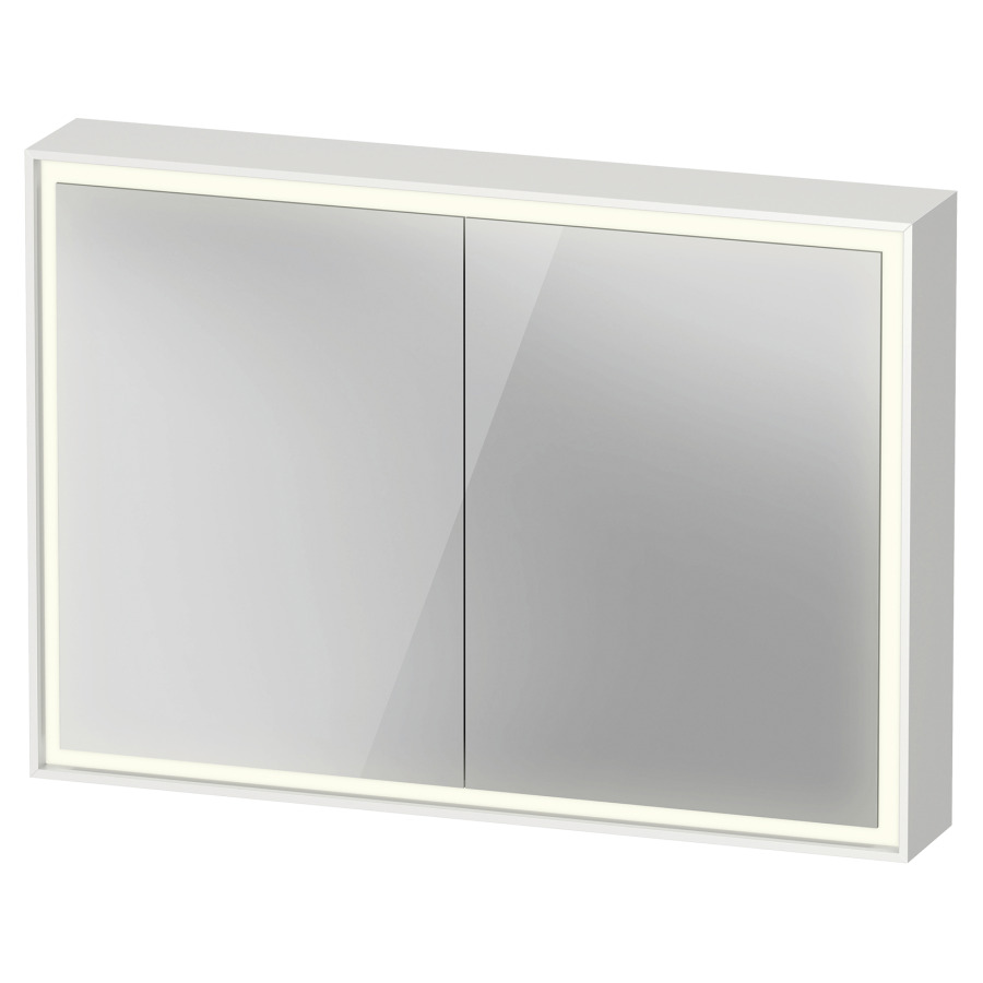 Armoire de toilette VITRIUM
100 x 70 x 15,5 cm
1 prise à droite, 2 portes
à double miroir (50/50)
2 étagères en verre
éclairage LED direct
entourante, 3500 K, 46 W
dimmable, éclairage LED
indirect en bas, commande
éclairage intérieur version
capteur sensitif, IP44
