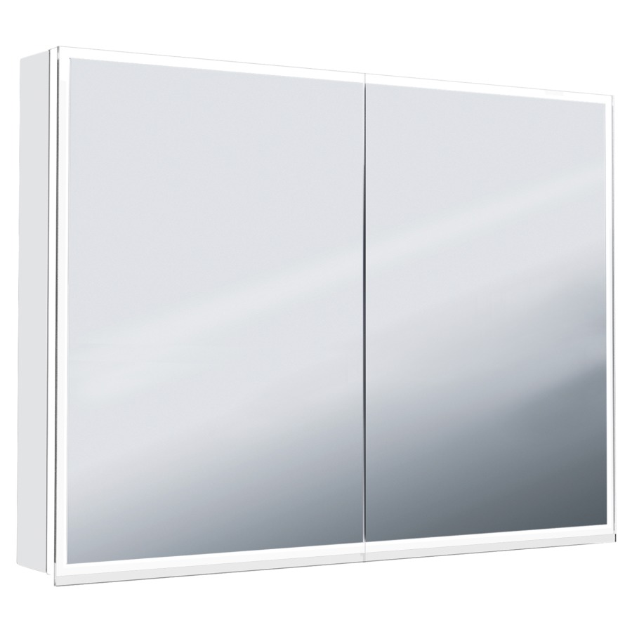 Armoire toilet. ILLUMINATO 2.0
98 x 73 x 13,2 cm
profil en aluminium
2 prises double à l'intérieur
en bas, 2 portes à double
miroir, éclairage du
cadre par LED 31,38 W
Tunable White 2700-6500 K
commande de l'éclairage
clavier/application
4 tablettes en verre, réglable
en continu, boîte cosmétique
miroir grossissant inclus
IP24