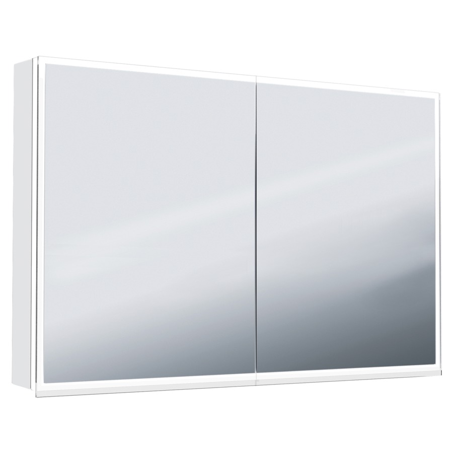 Armoire toilet. ILLUMINATO 2.0
128 x 73 x 13,2 cm
profil en aluminium
2 prises double à l'intérieur
en bas, 2 portes à double
miroir, éclairage du
cadre par LED 37,08 W
Tunable White 2700-6500 K
commande de l'éclairage
clavier/application
4 tablettes en verre, réglable
en continu, boîte cosmétique
miroir grossissant inclus
IP24