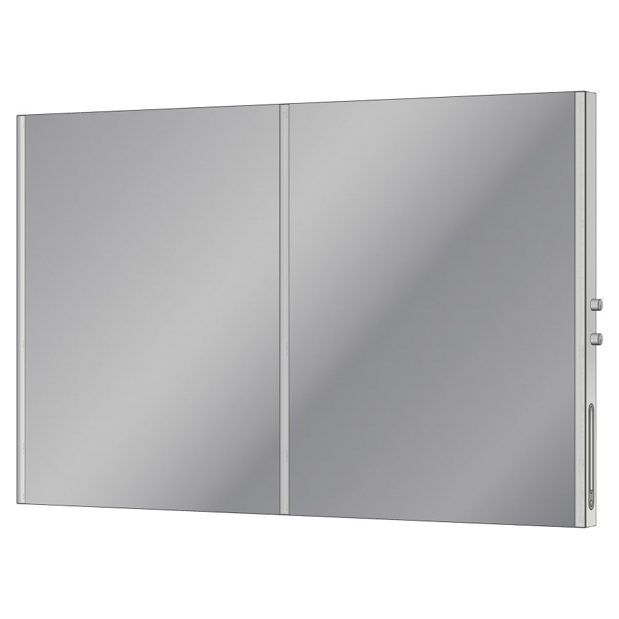 Miroir lumineux FOCUS
120 x 76 x 5 cm
système breveté à deux
interrupteurs avec commande
rotative et lumière de
maquillage SIDLER, LED 76 W
en bas 5 W, Lumen 9092
Lumen en bas 582, IP24