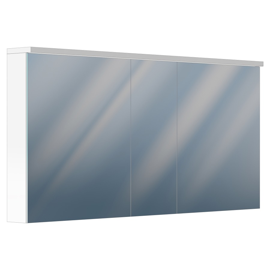 Armoire de toilette ESSENZA
150 x 72 x 12/15 cm
profil en aluminium
3 portes à double miroir
(60/30/60)
2 prises double en bas
2 supports cosmétique
éclairage LED direct en haut
57 W, Lumen en haut 8080, IP24