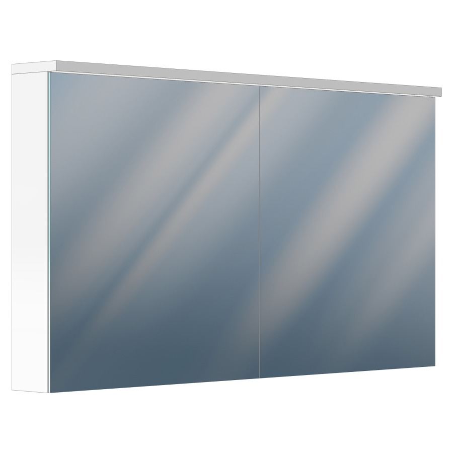Armoire de toilette ESSENZA
130 x 72 x 12/15 cm
profil en aluminium
2 portes à double miroir
2 prises double en bas
2 supports cosmétique
éclairage LED direct en haut
50 W, éclairage LED indirect
en bas 5 W, Lumen en haut 6965
Lumen en bas 645, IP24