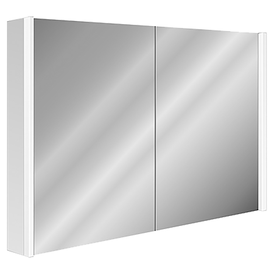 Armoire de toilette LUMARA
NOVO Tunable White
100 x 78 x 13/14,1 cm
profil en aluminium
2 portes à double miroir
2 prises double en bas
système breveté à deux
interrupteurs avec commande
rotative avec SIDLER Switch
avec Tunable White, LED
33 W, en bas 4 W, Lumen
latéral 4008, Lumen en bas 481
IP24