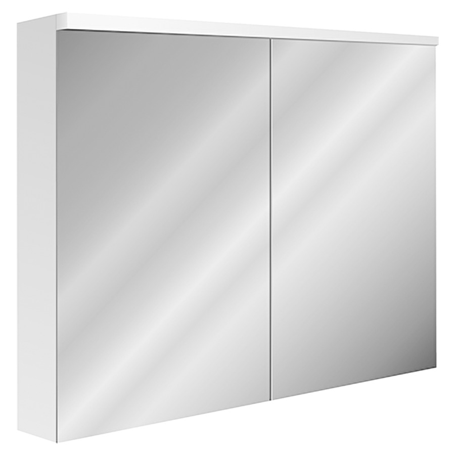 Armoire de toilette XAMO AP
90 x 76 x 13/14,5 cm
profil en aluminium, 2 prises
double en bas, 2 portes
à double miroir, éclairage en
haut LED 23 W, 2805 Lumen
dimmable, capteur dans
l'armoire, reproduction en
couleur CRI 90, IP24