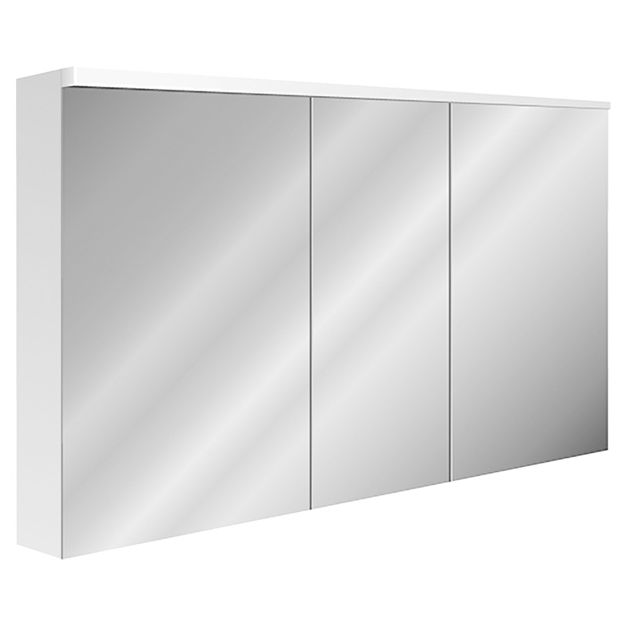 Armoire de toilette XAMO AP
130 x 76 x 13/14,5 cm
profil en aluminium, 2 prises
double en bas, 3 portes
à double miroir (50/30/50)
éclairage en haut LED 33 W
4125 Lumen, dimmable, capteur
dans l'armoire, reproduction
en couleur CRI 90, IP24