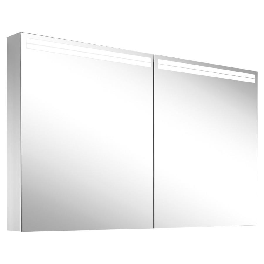 Armoire de toilette Schneider ARANGA TW
119.5 x 70 x 12 cm
Profilé en aluminium, montage UP/AP
2&nbsp;portes à double miroir
éclairage LED, 1 x 30 Watt, 1 x 19 Watt
Tunable White, dimmable, 2000-6500 Kelvin
8336 Lumen, 2 prises doubles 
1 x en haut à droite changeable à gauche
et 1 x en bas sur la paroi intermédiaire à droite
clavier à membrane à l'intérieur à gauche
sur le profil latéral, 4 tablettes en verre
IP44, Classe d’énergie C