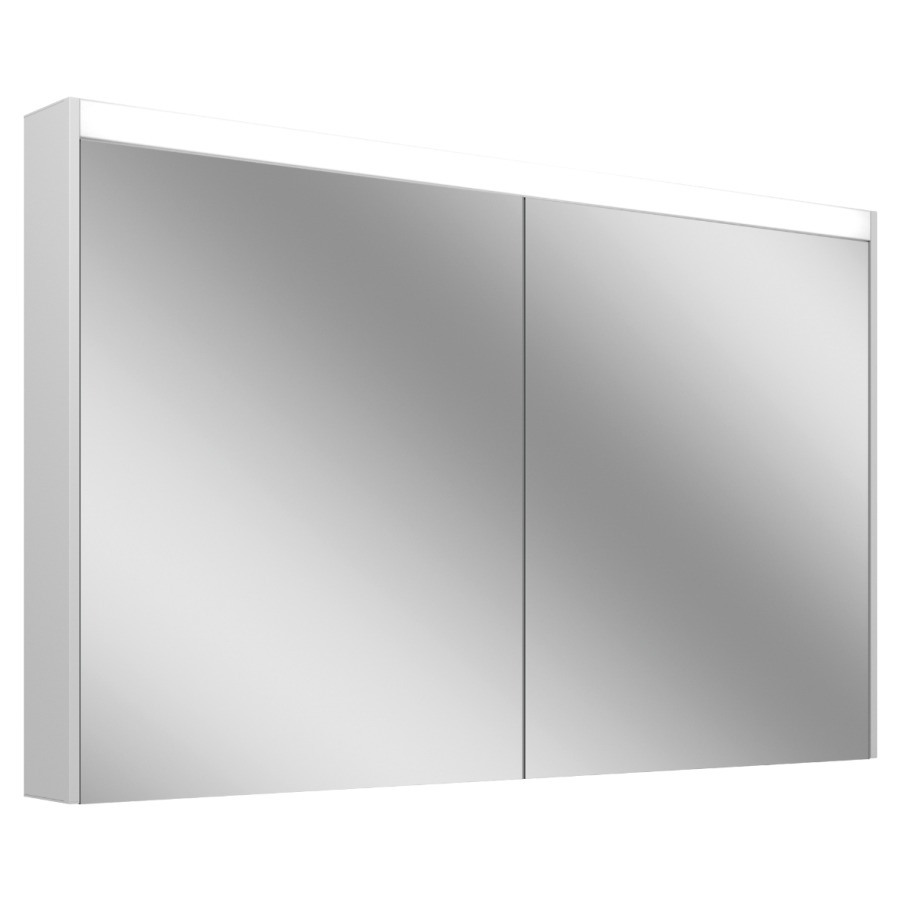 Armoire de toilette Schneider OBJECT Line Comfort LED
profil en aluminium, p. montage AP ou UP
119.5 x 74.3 x 12.3 cm
prise double en haut à droite
ou à gauche, 2 portes à double
miroir, éclairage LED direct
en haut 19 W, IP44