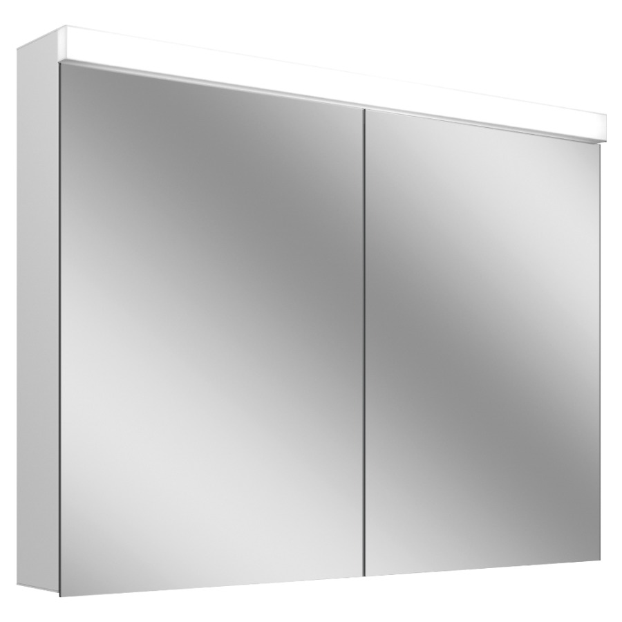 Armoire de toilette Schneider LOW basic 15 LED
profil en aluminium, p. montage AP ou UP
99.5 x 74.7 x 14.7/16 cm
prise double en haut à droite
ou à gauche, 2 portes à double
miroir, éclairage LED direct
en haut 24 W, IP44