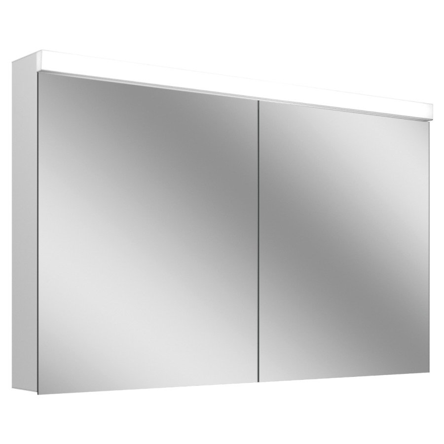 Armoire de toilette Schneider LOW basic 15 LED
profil en aluminium, p. montage AP ou UP
129.5 x 74.7 x 14.7/16 cm
prise double en haut à droite
ou à gauche, 2 portes à double
miroir, éclairage LED direct
en haut 30 W, IP44