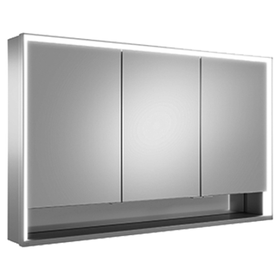 Armoire de toilette ROYAL
LUMOS AP, 120 x 73,5 x 16,5 cm
profil en aluminium, 2 prises
3 portes à double miroir
40/40/40, 6 tablettes en verre
réglable, compartiment de
rangement ouvert, éclairage
continu réglable de 2700-6500
Kelvin, LED 65 Watt