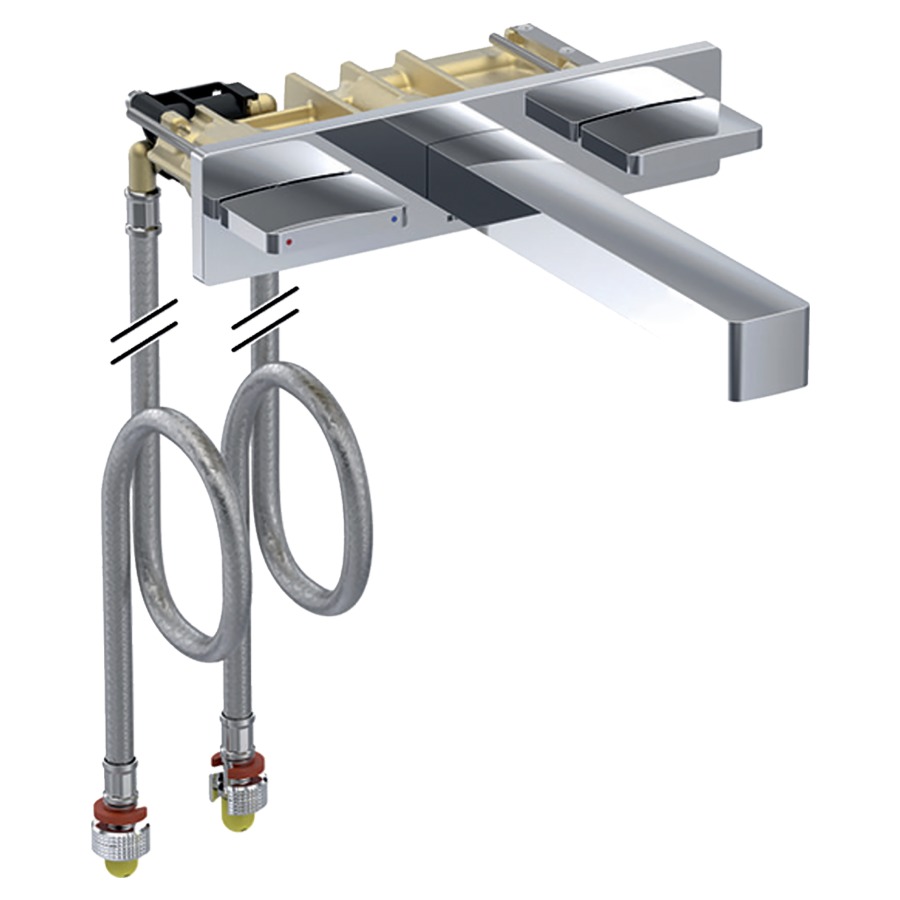 Mélangeur à deux boutons ONE
design angulaire
S 220 mm, goulot fixe
pour boîtier à encastrer
pour commande, bloc de vanne
avec tuyaux renforcé plus
longs, pour élément pour
lavabo 871 196