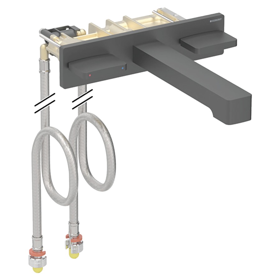 Mélangeur à deux boutons ONE
design angulaire
S 220 mm, goulot fixe
pour boîtier à encastrer
pour commande, bloc de vanne
avec tuyaux renforcé plus
longs, pour élément pour
lavabo 871 196
