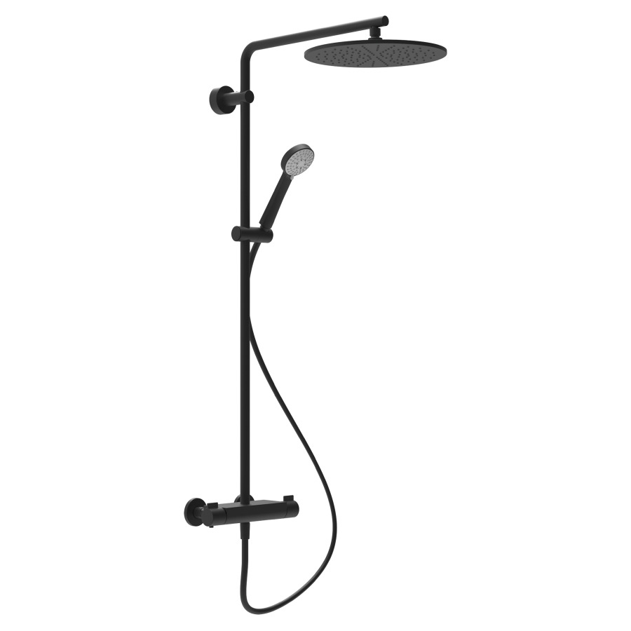 Système de douche VIVID
mélangeur de douche
thermostat, E 153 mm
raccords d'arrêt 1/2" x 1/2"
douche de pluie D 300 mm
tuyau de douche 160 cm
douche à main MyTwin120
rubiclean