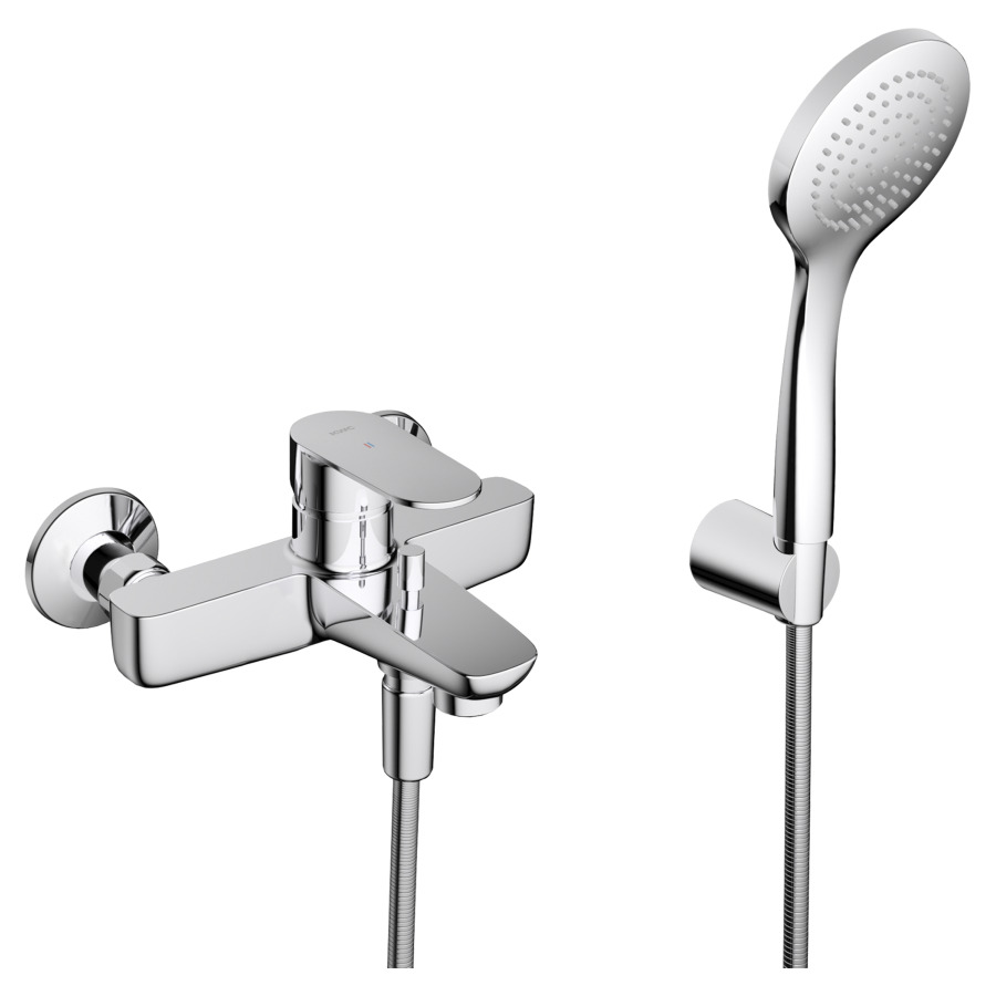 Mélangeur de bain ELLA
E 153 mm, raccords d'arrêt
1/2" x 3/4", douche
tuyau de douche 160 cm
support, groupe acoustique II