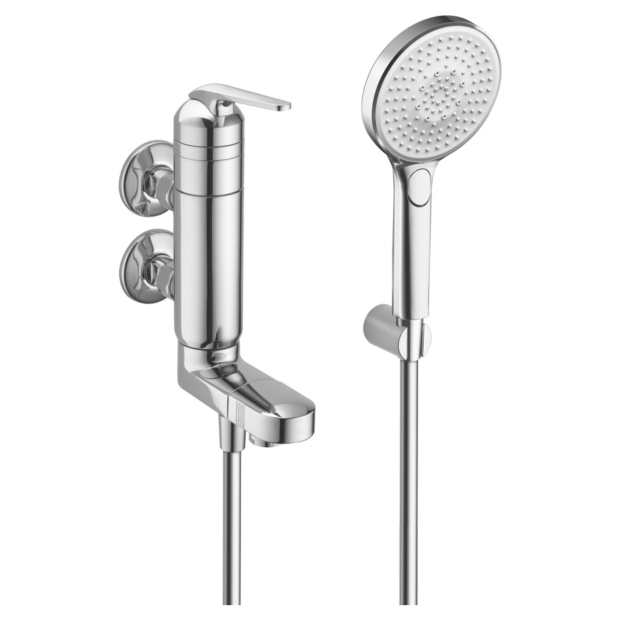 Mélangeur de bain DOMO.5
E 76 mm goulot orientable
vertical, raccords d'arrêt
1/2" x 3/4", membrane
d'étanchéité, douche
tuyau de douche 160 cm, support
prise d'eau chaude en haut
groupe acoustique I