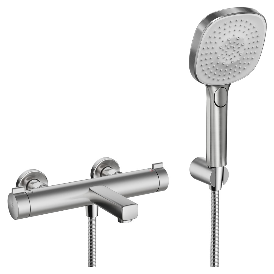 Bademischer KWC THERM DESIGN
AD 153 mm, Abstellverschraubungen 1/2" x 3/4"
Ausladung 195 mm, Auslauf fest
EfficientFlow, Durchflussmenge 20 (L/min)
Handbrause Durchflussmenge 12.4 (L/min)
mit Brause, Brauseschlauch 160 cm und Halter
Geräuschgruppe I, Energieklasse C