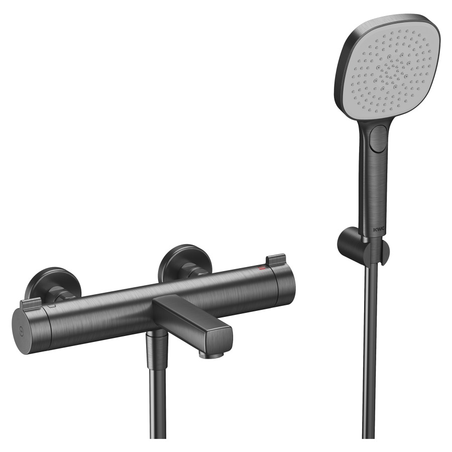 Mélangeur de bain KWC THERM DESIGN
E 153 mm, raccords d’arrêt 1/2" x 3/4"
saillie 195 mm, goulot fixe
SmartControl, débit 20 (L/min)
douche à main débit 12.4 (L/min)
avec douche, tuyau de douche 160 cm et support
groupe acoustique&nbsp;I, Classe d’énergie C
