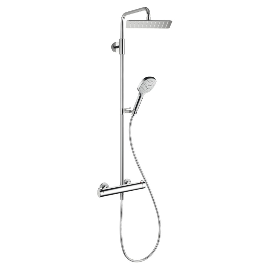 Système de douche KWC THERM
DESIGN, E 153 mm, raccords
d'arrêt 1/2" x 1/2", douche à
main Choice-H avec tuyau
douche de tête Piatto-X
carée 30 x 30 cm, glissière