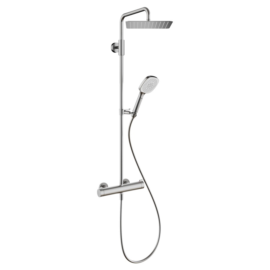 Système de douche KWC THERM
DESIGN, E 153 mm, raccords
d'arrêt 1/2" x 1/2", douche à
main Choice-H avec tuyau
douche de tête Piatto-X
carée 30 x 30 cm, glissière
